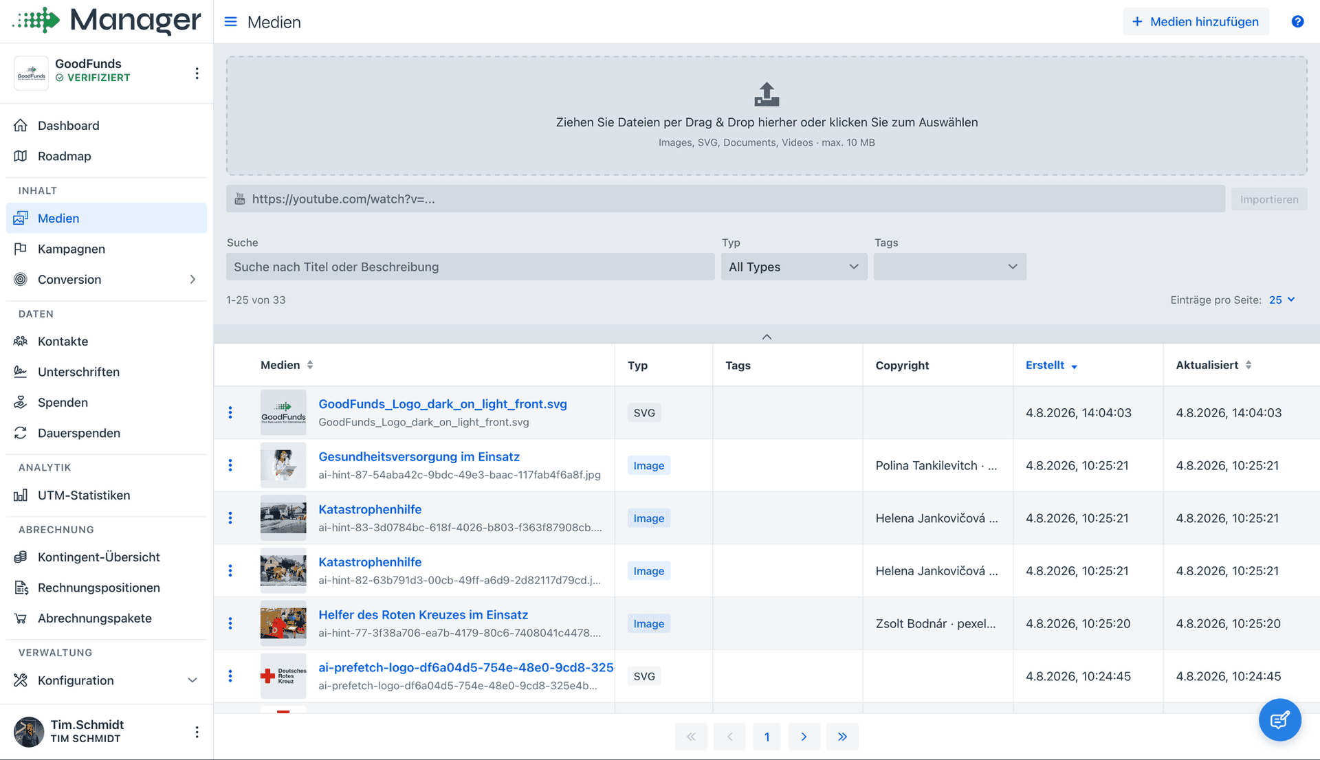 Zentrale Medienverwaltung im Manager mit Upload, Tags und Copyright