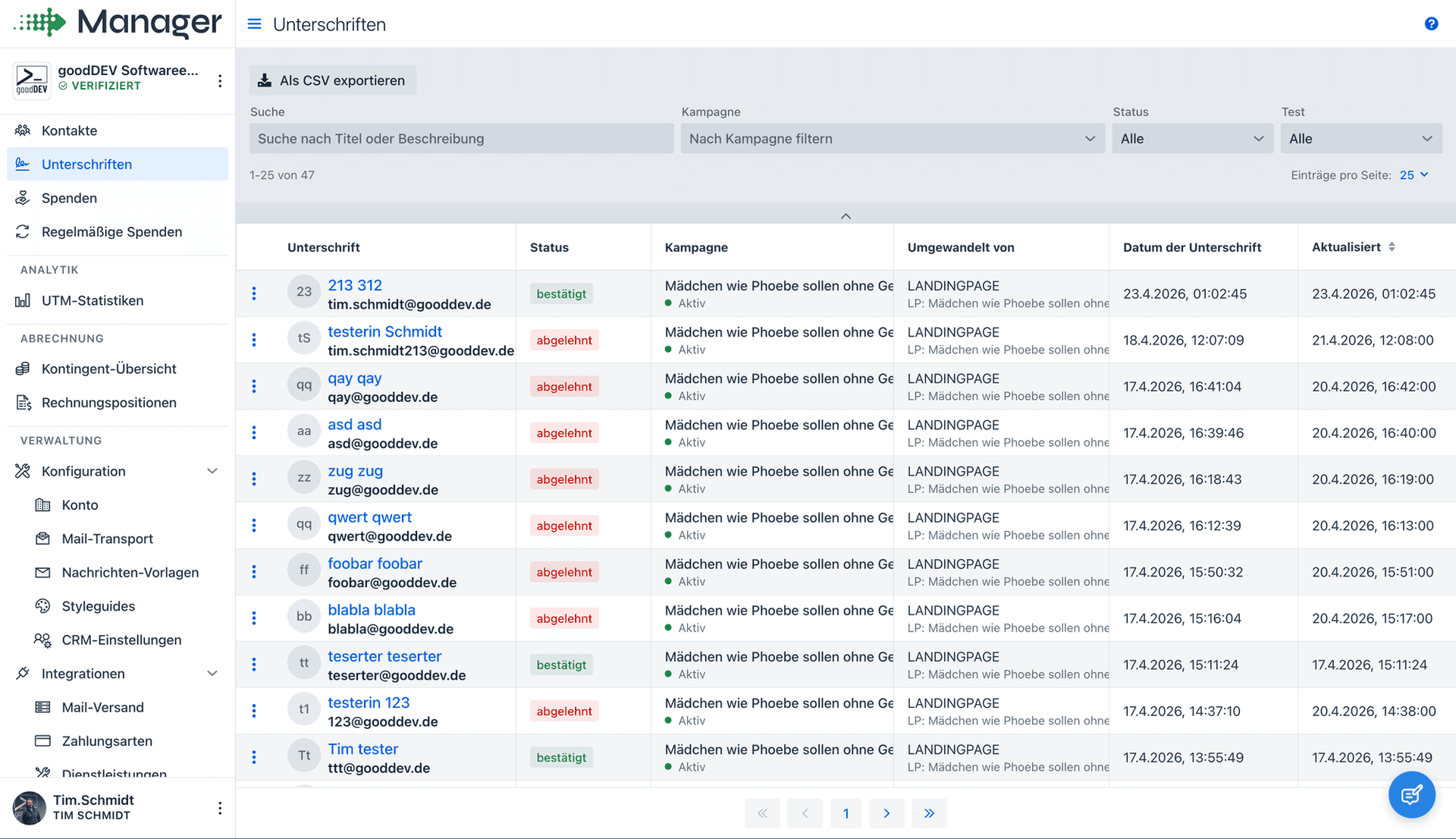 Unterschriftenliste im Manager mit Status, Kampagne und Herkunft je Unterschrift