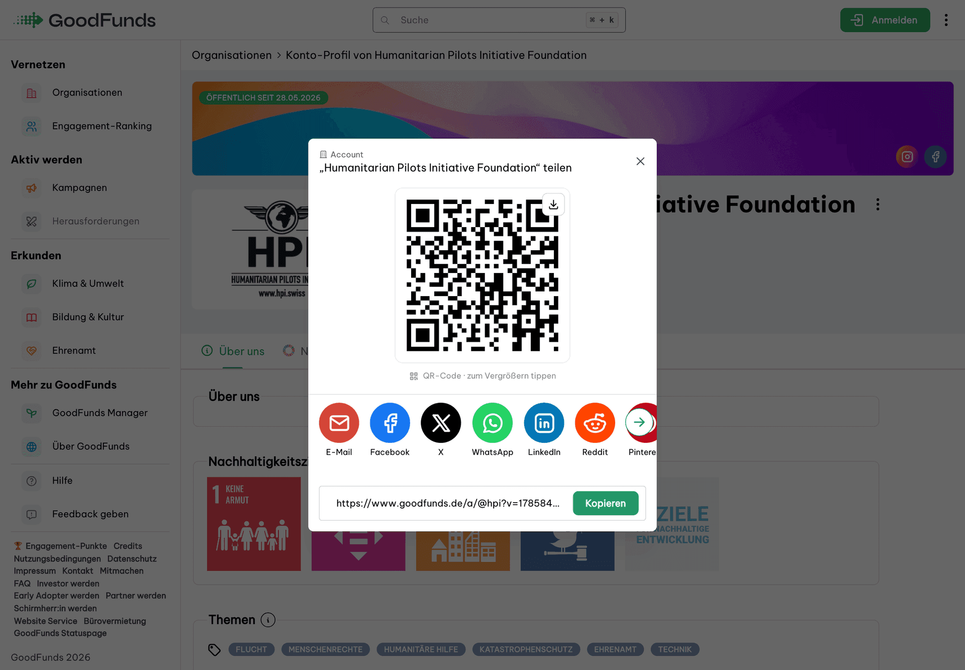 Teilen-Dialog mit Kanälen, Link-Kopieren und QR-Code