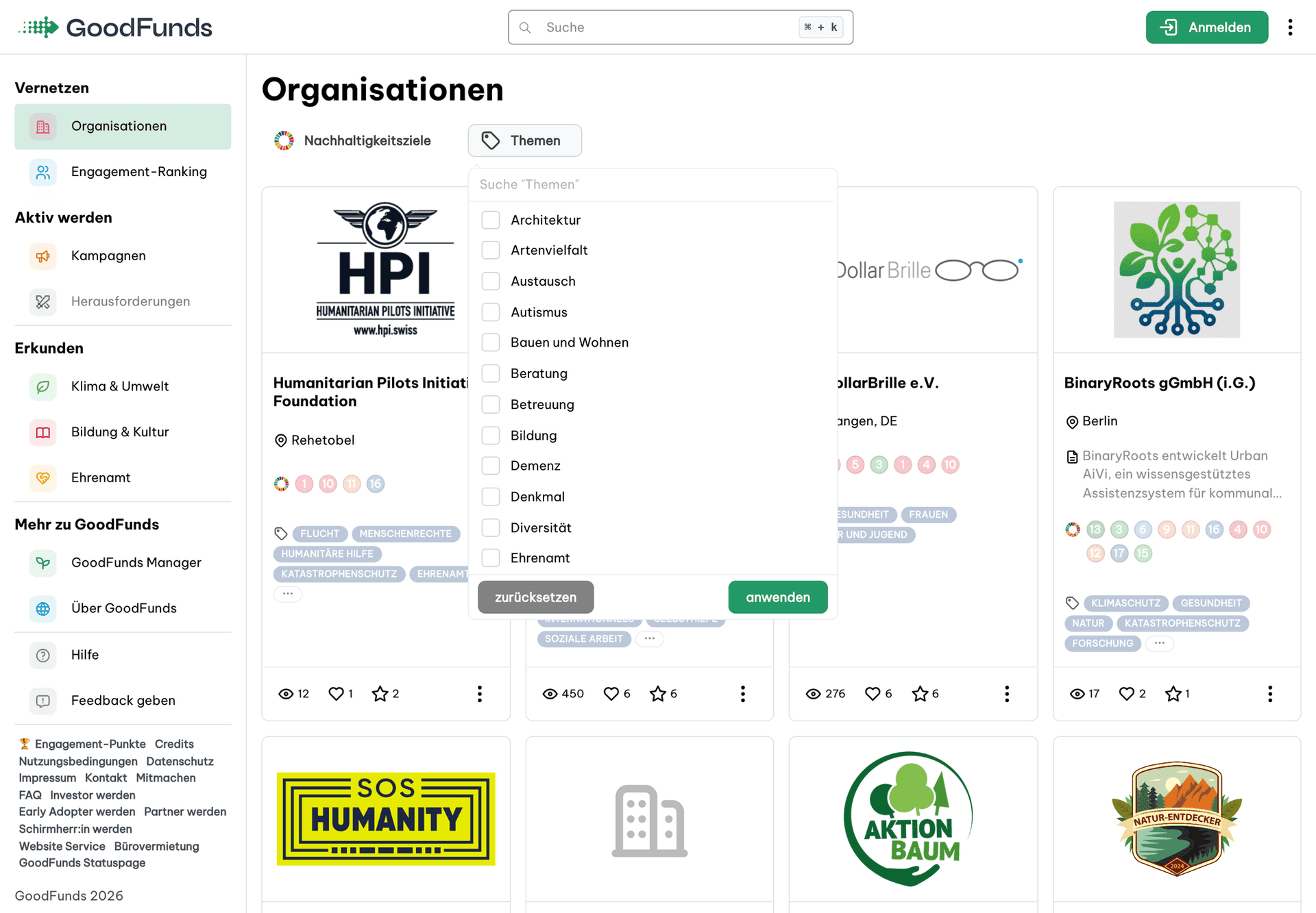 Organisationsverzeichnis der Plattform mit geöffnetem Themen-Filter
