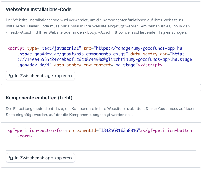 Website-Installationscode im GoodFunds Manager