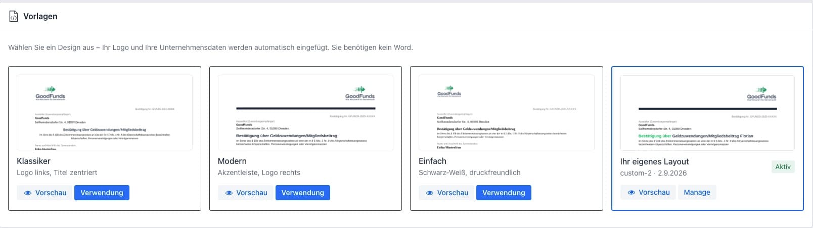Vorlagen-Galerie für Zuwendungsbestätigungen im GoodFunds-Manager mit drei Standardvorlagen und einem eigenen Layout