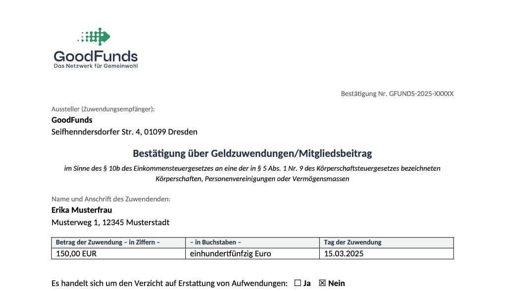 Beispiel einer Zuwendungsbestätigung mit Logo, Bestätigungsnummer, Aussteller, Zuwendendem und Betragstabelle