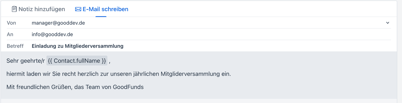 E-Mail an einen Kontakt schreiben, mit Absenderauswahl und Namens-Variable im Text