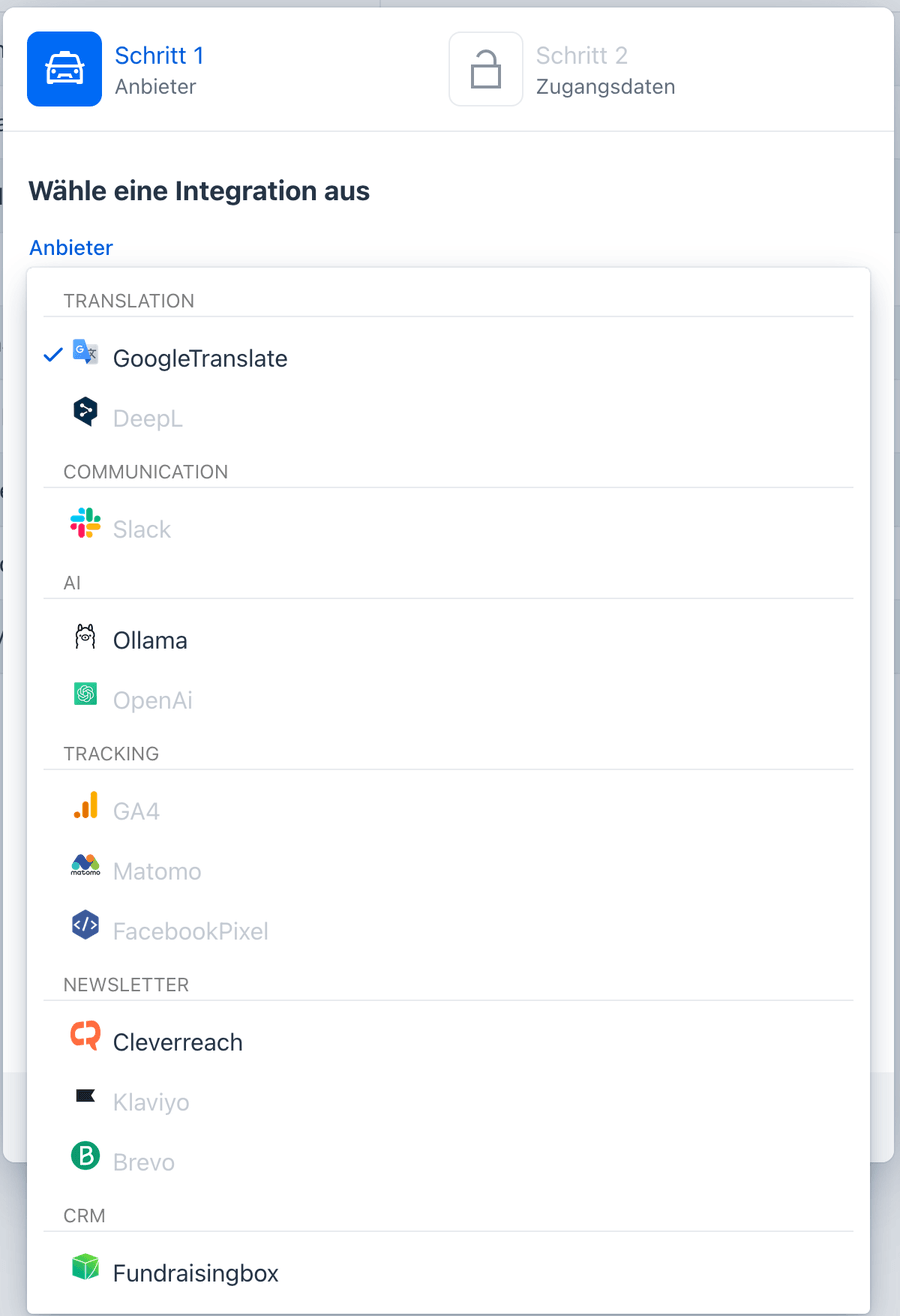 Auswahl der Integrationen nach Kategorie: Newsletter, Tracking, KI, CRM