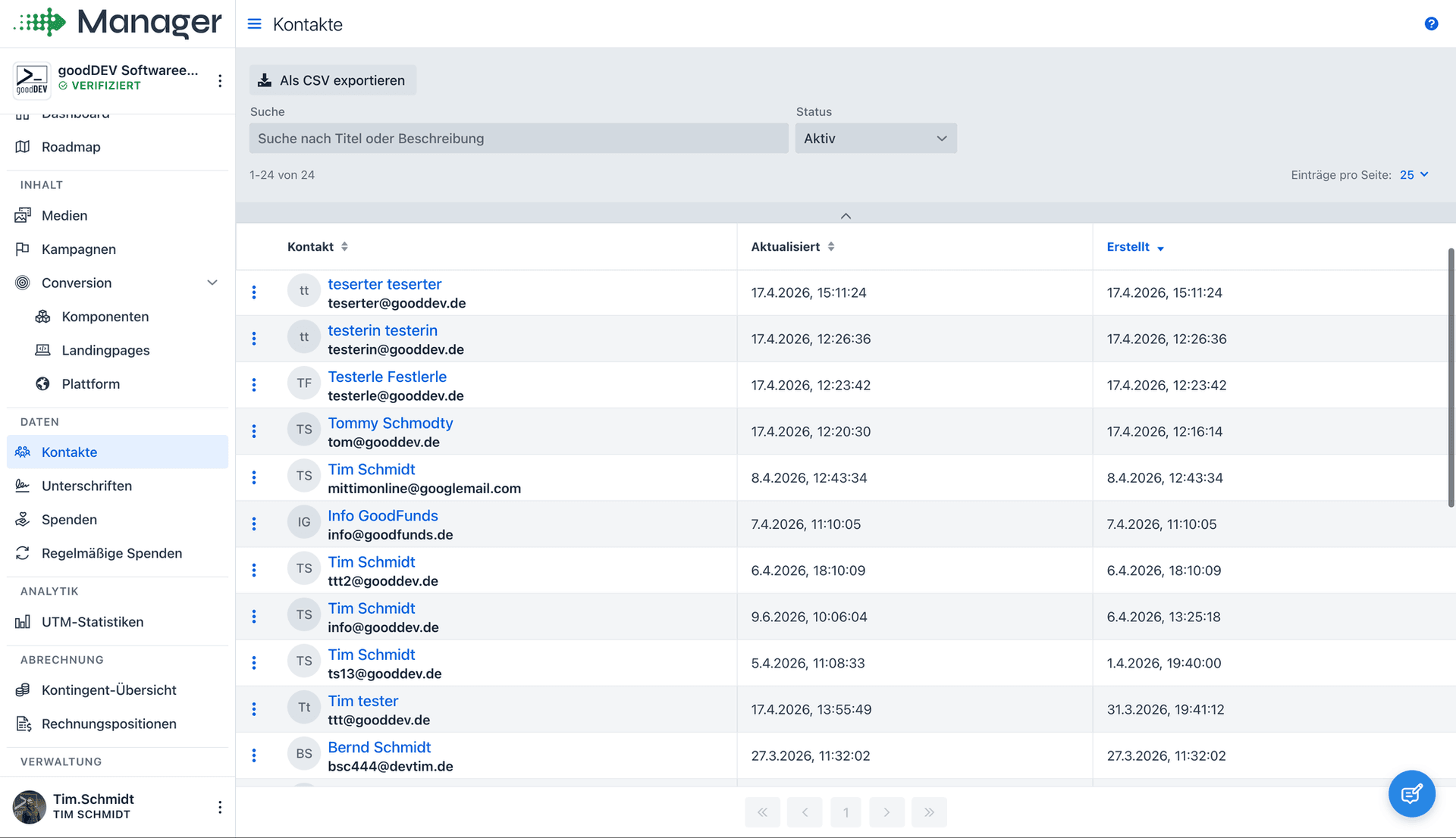 Kontaktliste im Manager mit Suche, Statusfilter und CSV-Export
