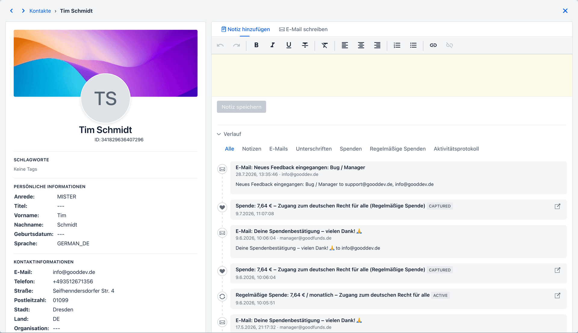 Kontaktprofil im Manager mit Stammdaten links und Verlauf rechts