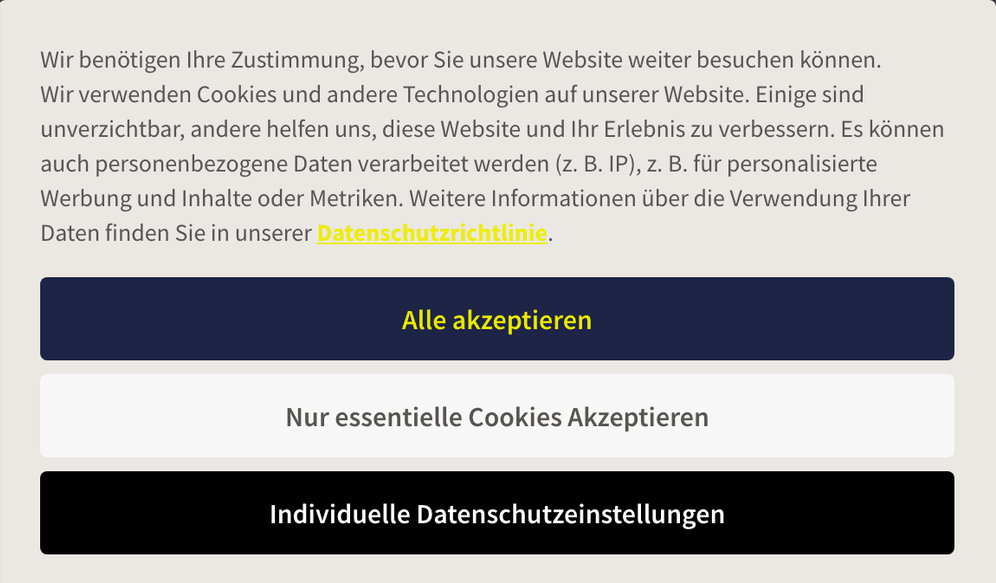 Consent-Banner einer Landingpage mit Auswahl der Cookie-Einstellungen