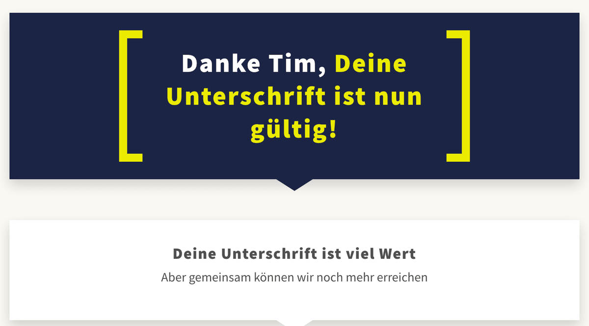 Personalisierte Erfolgsseite: Danke Tim, Deine Unterschrift ist nun gültig