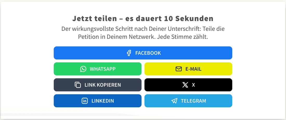 Teilen-Baustein mit Kanälen von Facebook bis Telegram