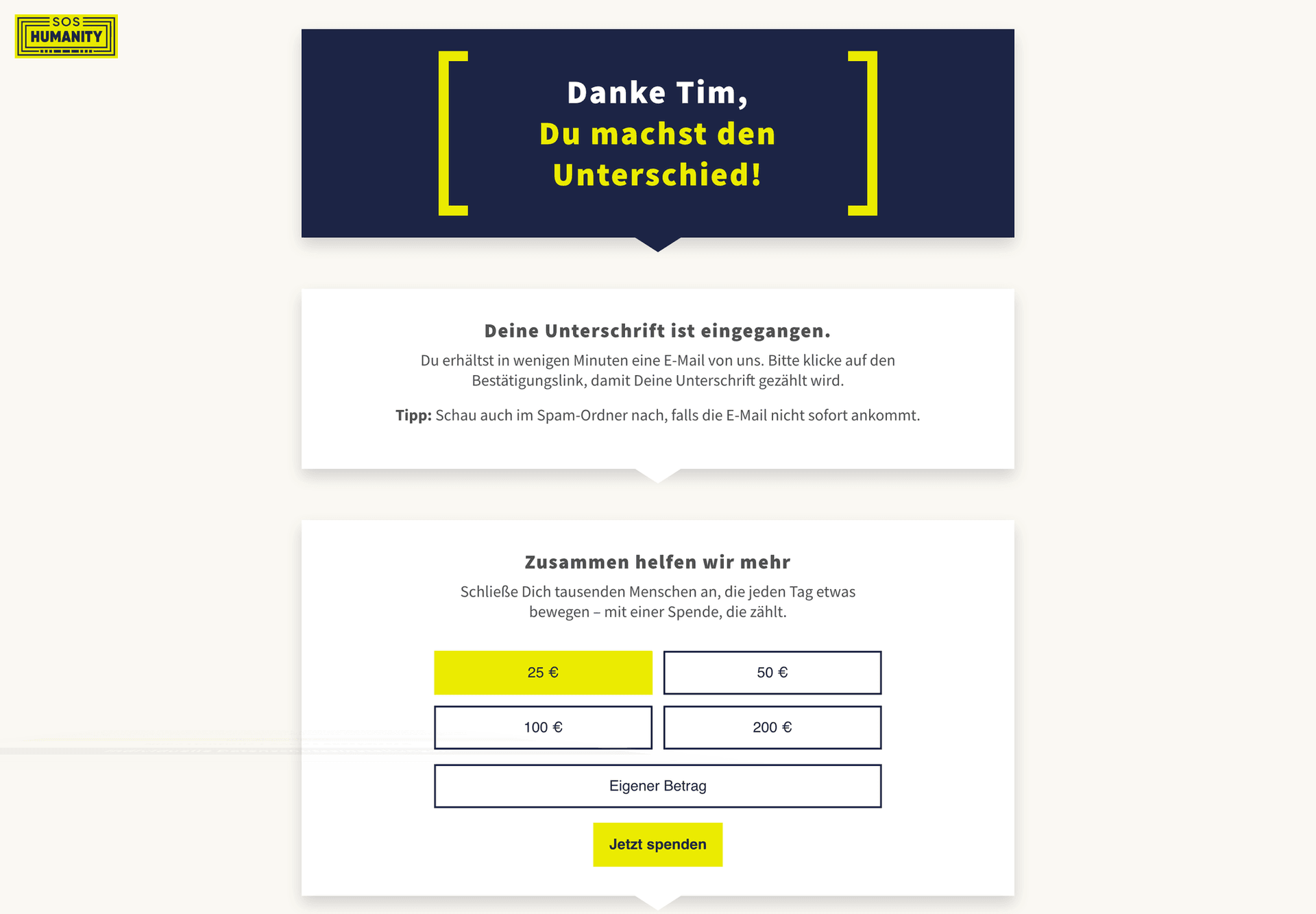 Bestätigungsseite nach der Unterschrift mit Double-Opt-in-Hinweis