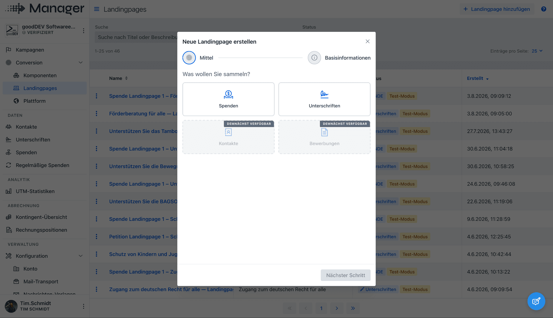Neue Landingpage im Manager erstellen: Mittel wählen, Basisinformationen, fertig