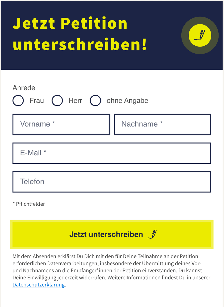 Petitionsformular auf einer Landingpage