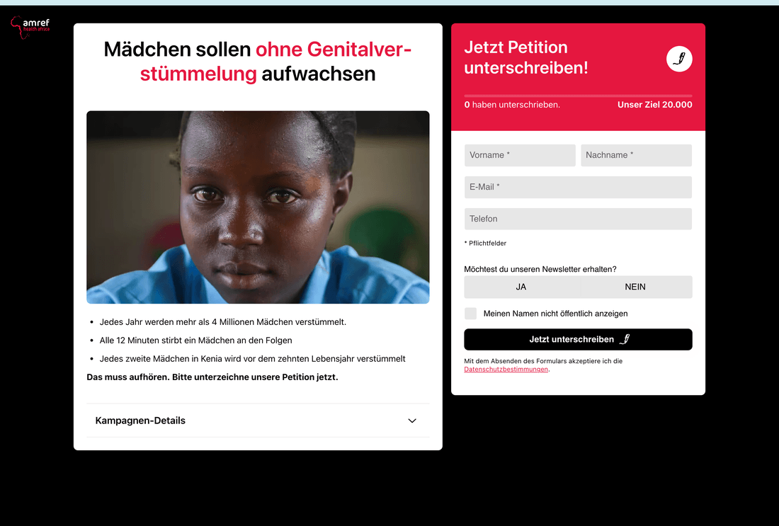 Dunkles Branding: Petitionsseite von Amref Health Africa