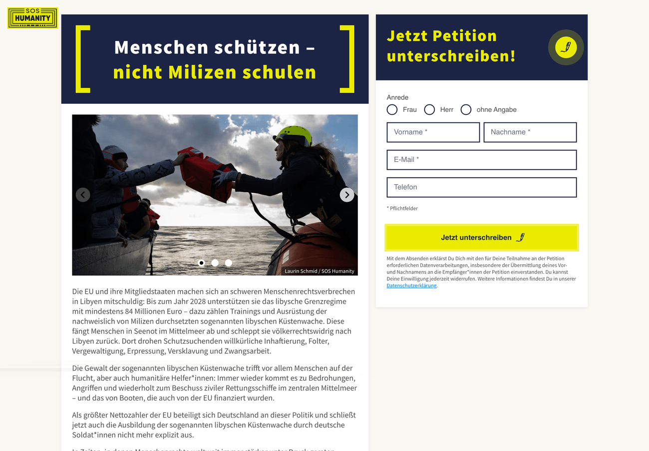 Helles Branding: Petitionsseite von SOS Humanity