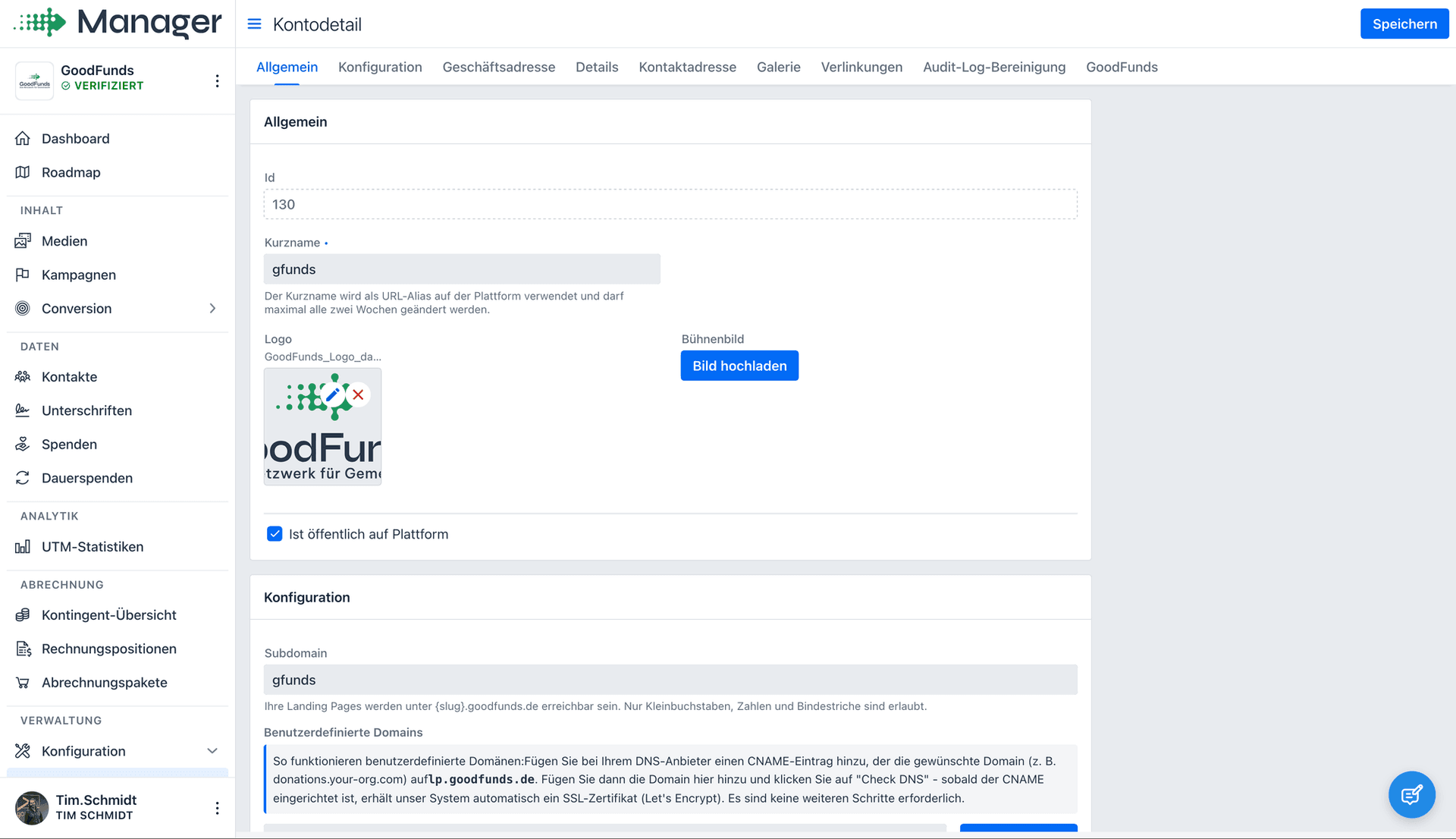 Kontodetails im Manager mit Subdomain und eigenen Domains