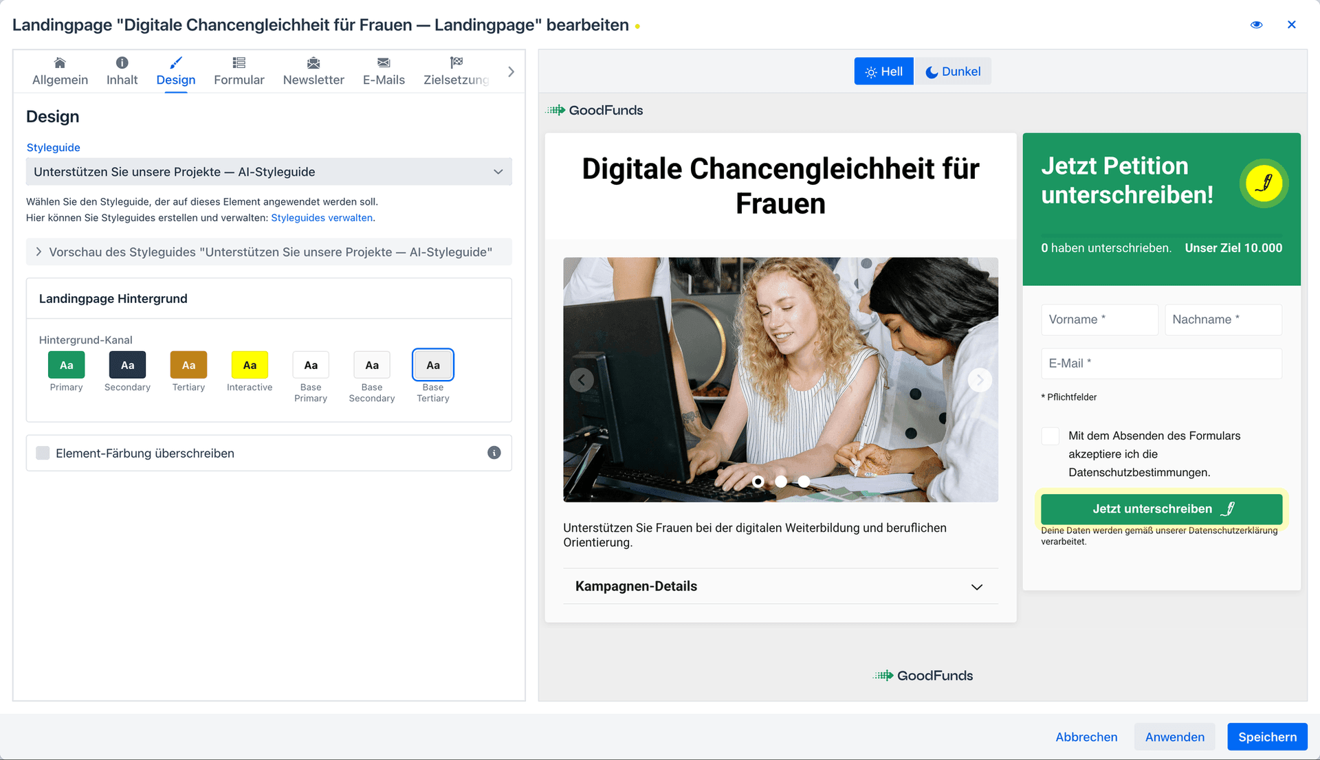 Landingpage-Editor im Manager: Konfigurations-Tabs links, Live-Vorschau mit Hell/Dunkel-Umschalter rechts