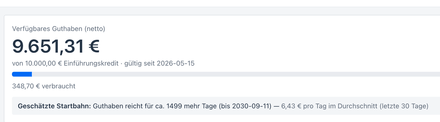 Guthaben-Übersicht im Manager mit verfügbarem Guthaben und geschätzter Reichweite