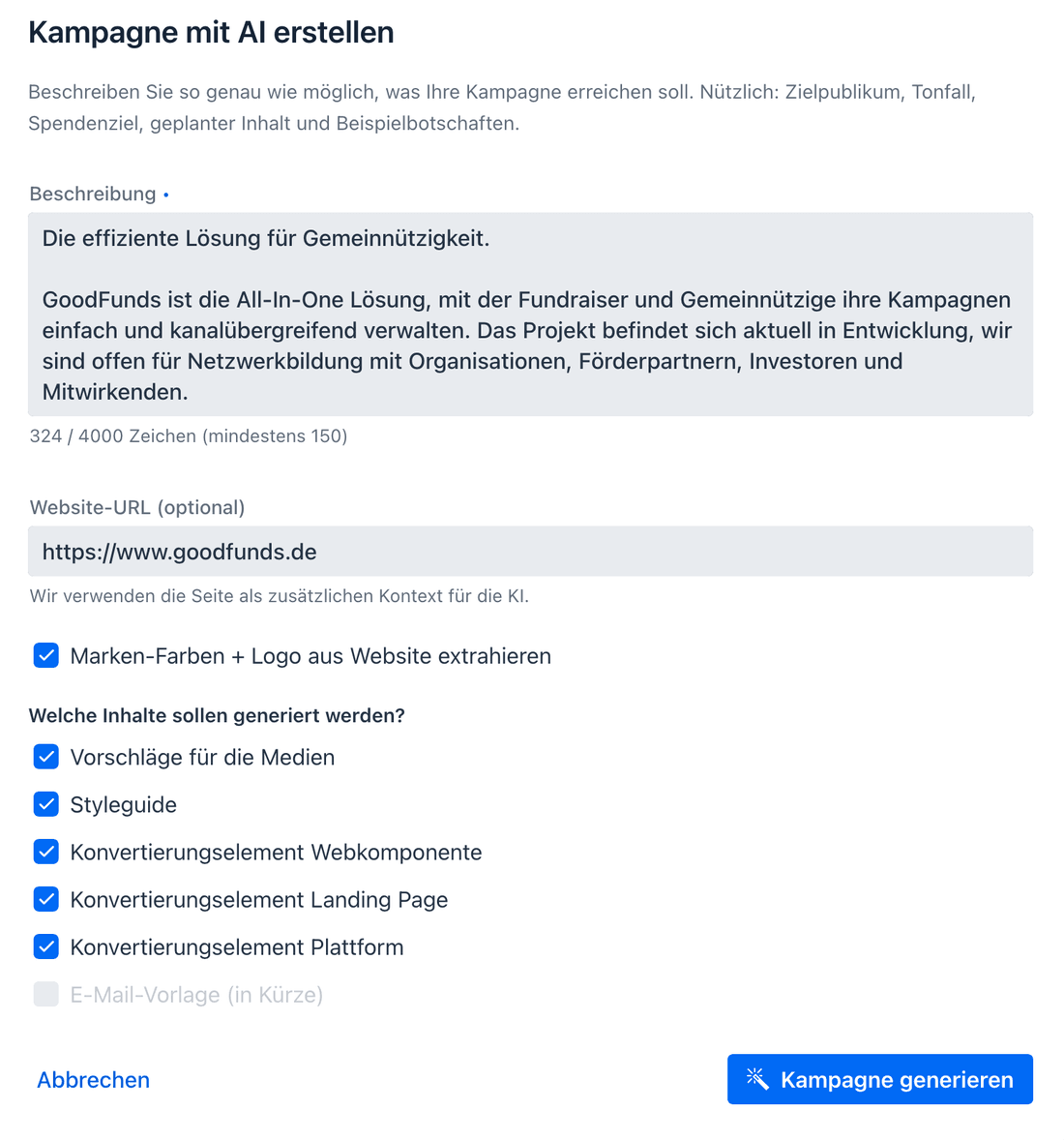 KI-Dialog im Manager: Kampagne aus Beschreibung und Website-Link erstellen