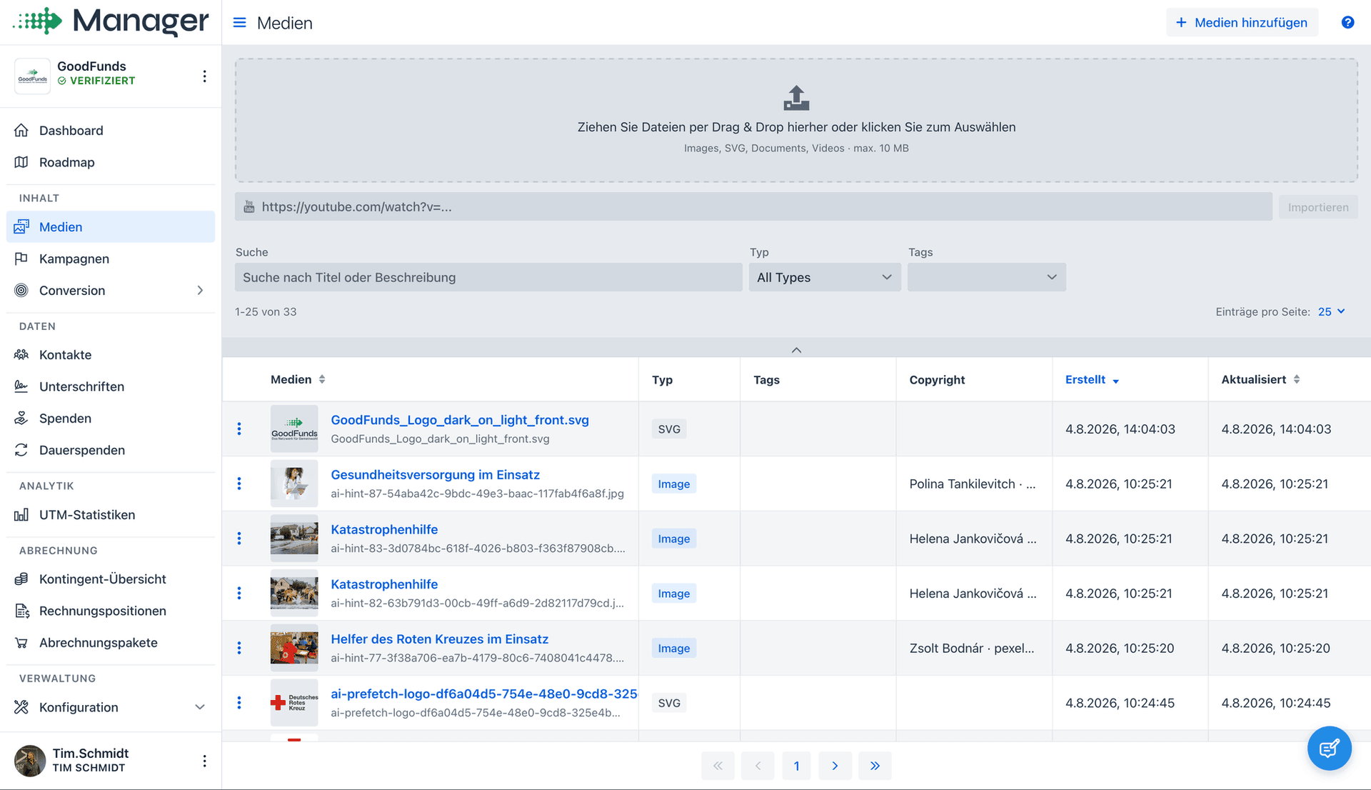 Zentrale Medienverwaltung im Manager mit Upload, Tags und Copyright