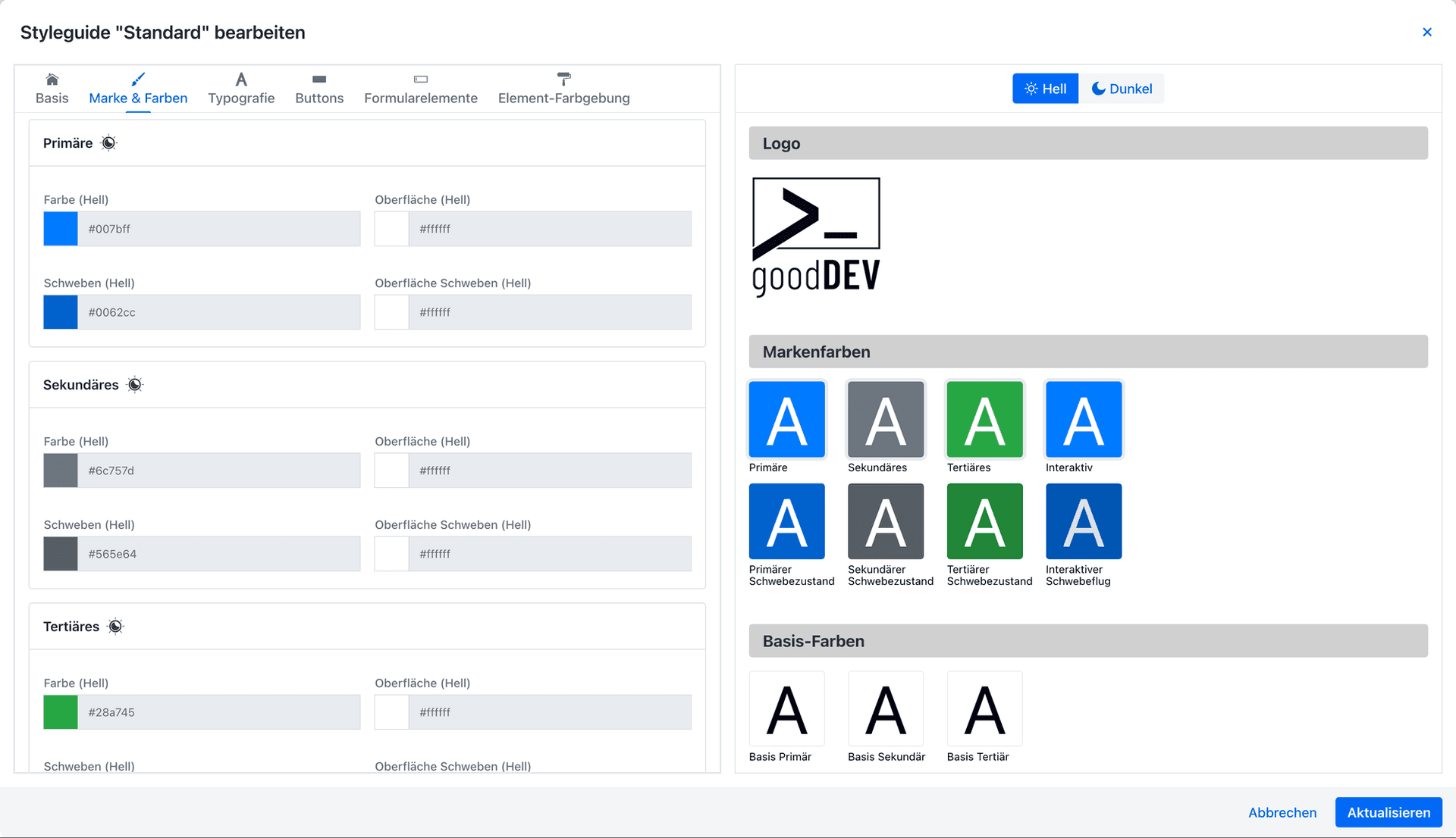 Styleguide-Verwaltung im Manager: Markenfarben mit Hex-Werten und Live-Vorschau