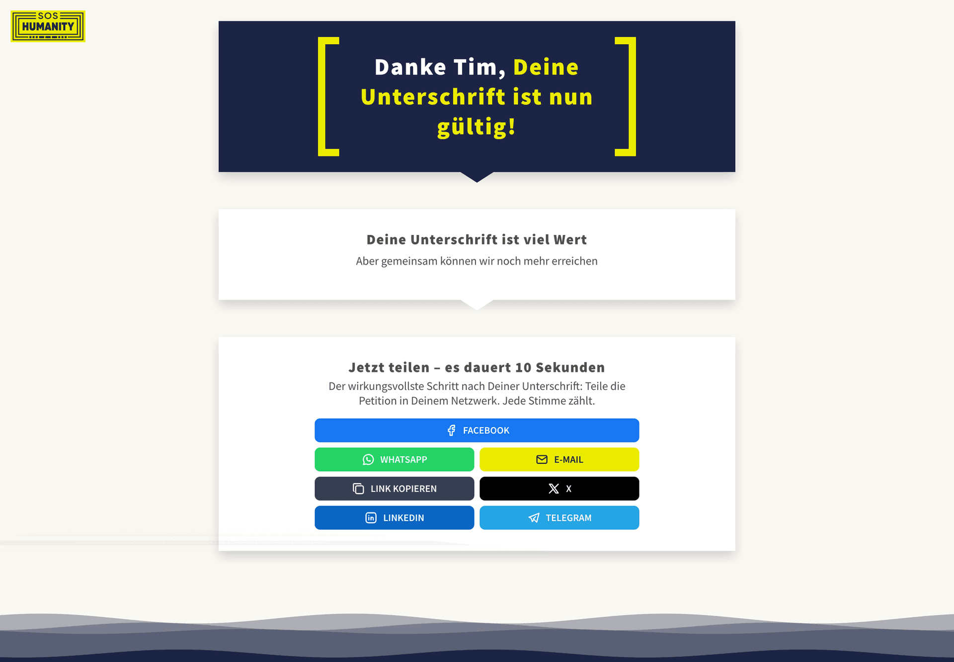 Personalisierte Dankeseite nach der Unterschrift mit Teilen-Bausteinen