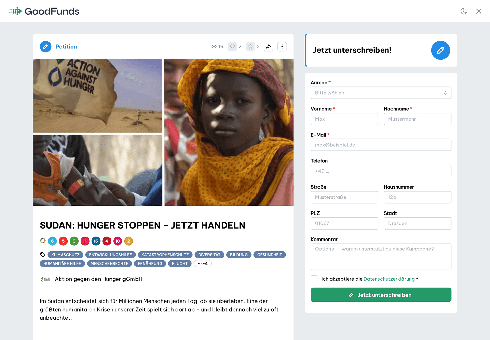 Petitionsseite mit Unterschriften-Formular: Anrede, Name, E-Mail, Telefon und Adresse
