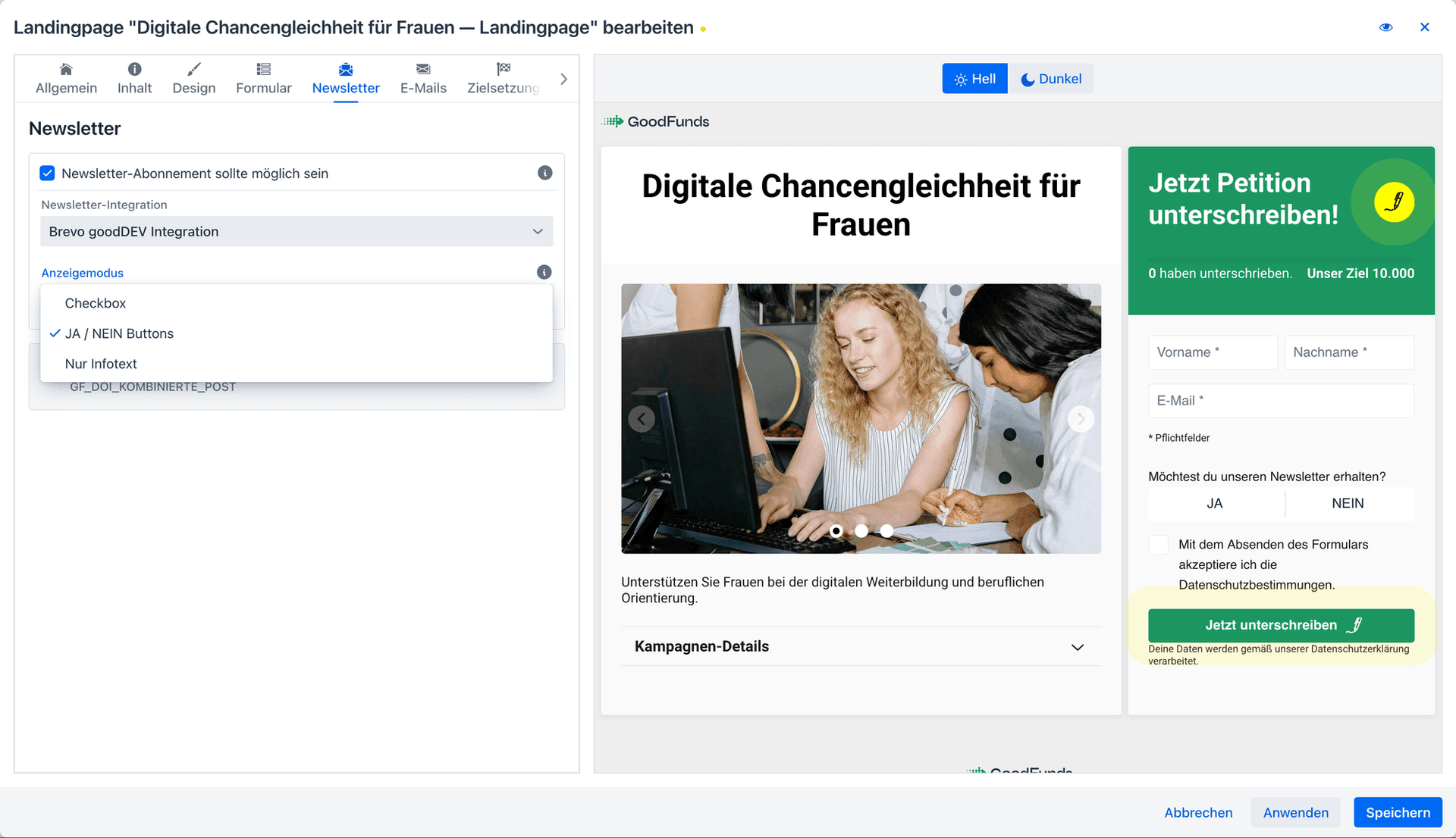 Newsletter-Einstellungen im Editor mit Anzeigemodus und Live-Vorschau des Formulars