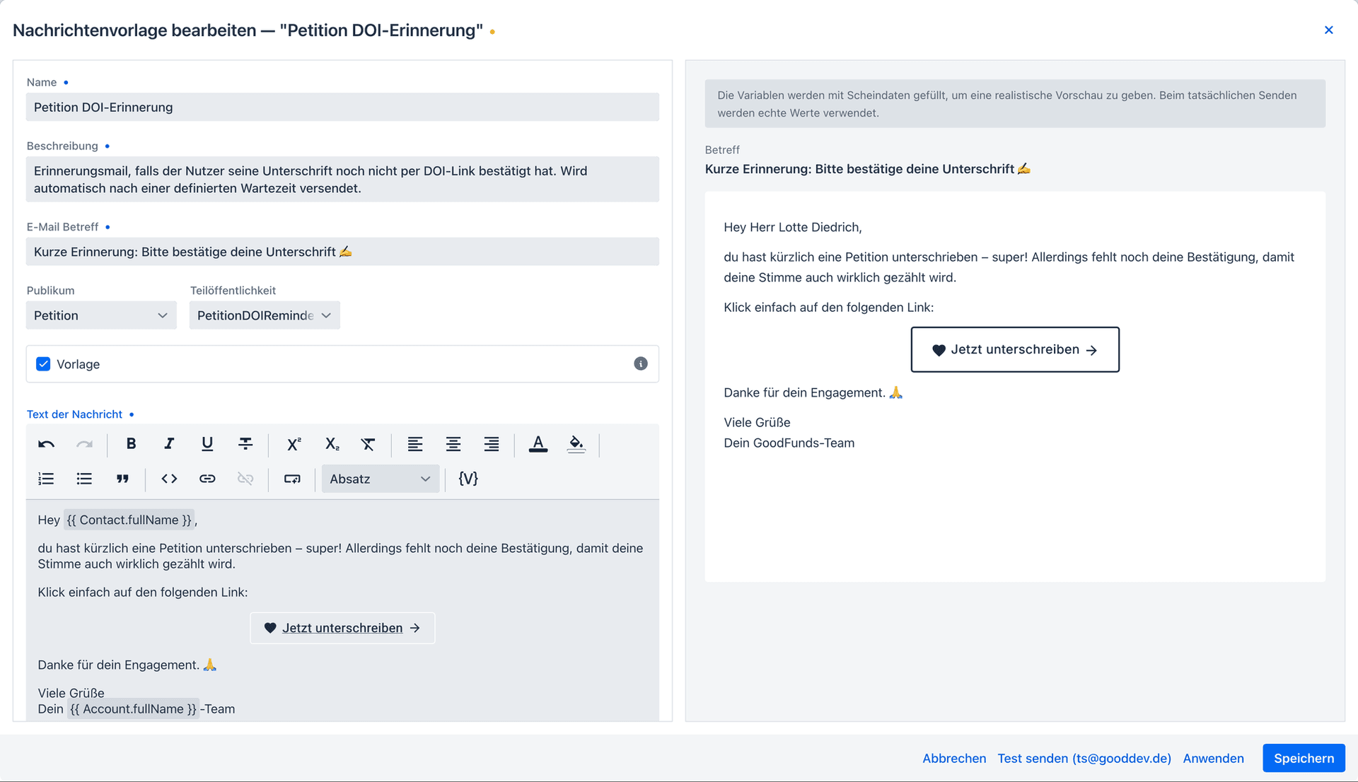 Vorlage der DOI-Erinnerungsmail im Manager mit Editor und Live-Vorschau