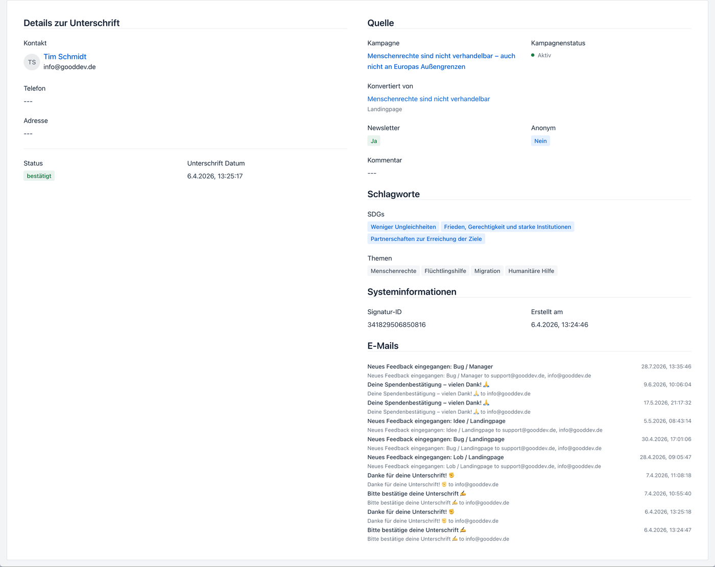Detailansicht einer Unterschrift mit Status, Quelle, Schlagworten und gesendeten E-Mails