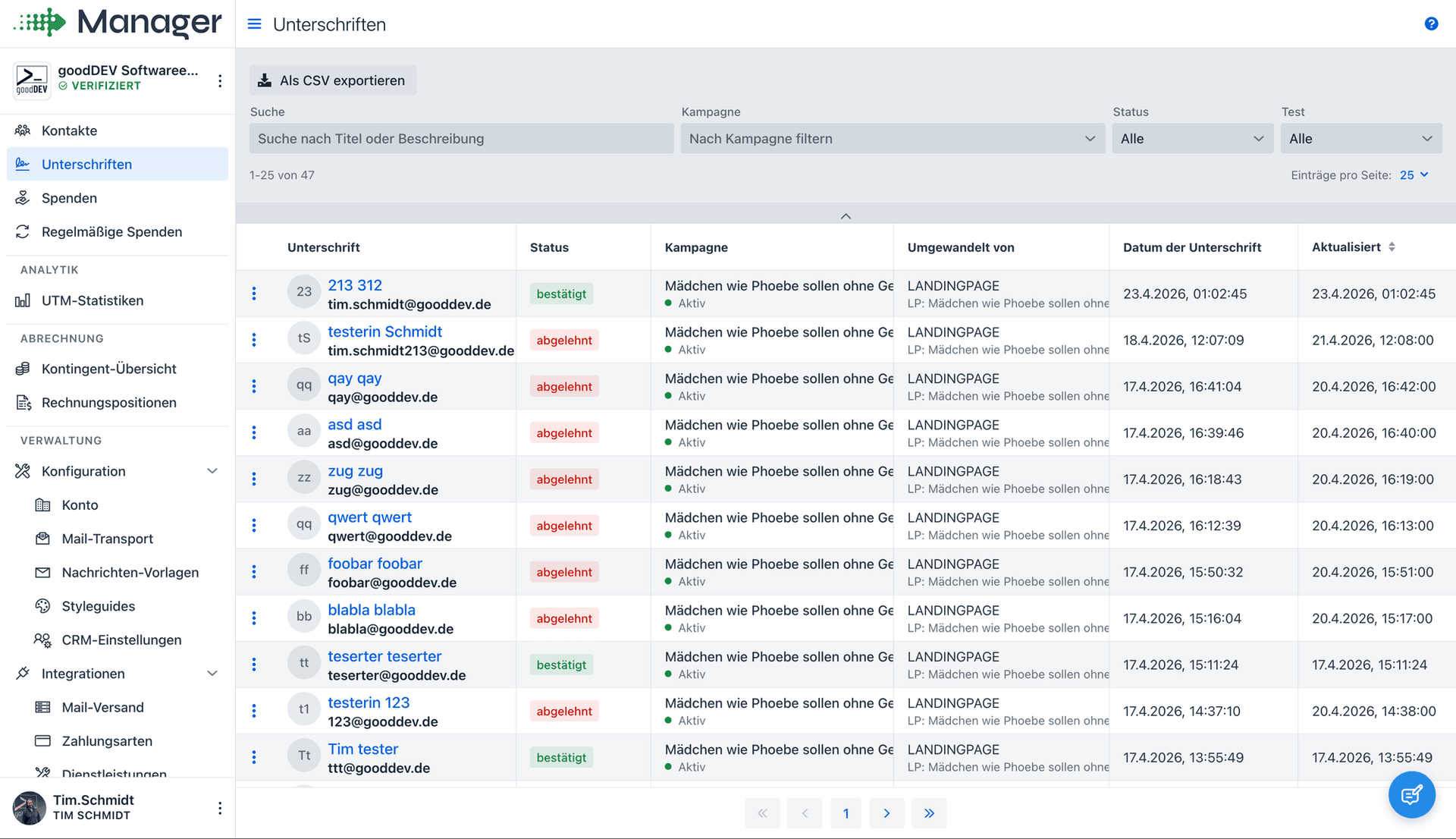 Unterschriftenliste im Manager mit Status, Kampagne und Herkunft je Unterschrift