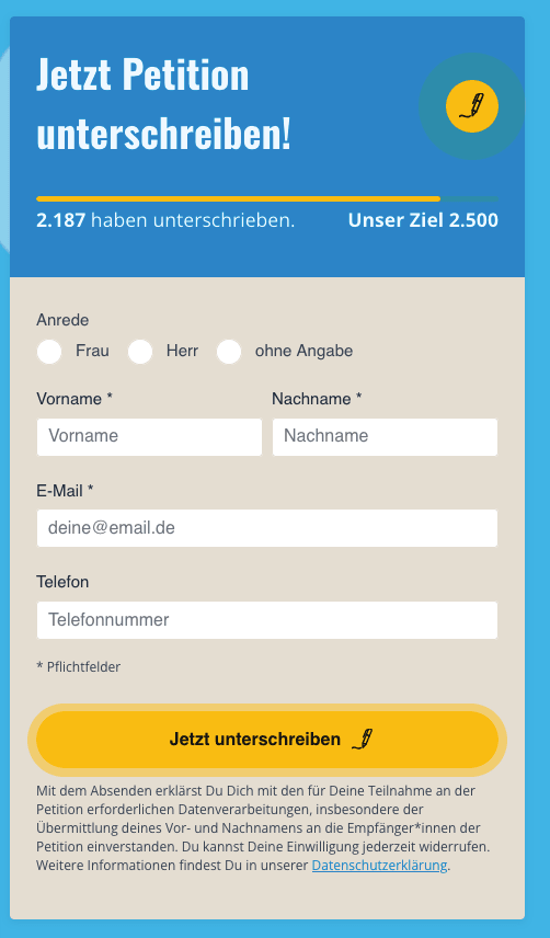 Als Webkomponente eingebundenes Petitionsformular im Branding einer Organisation