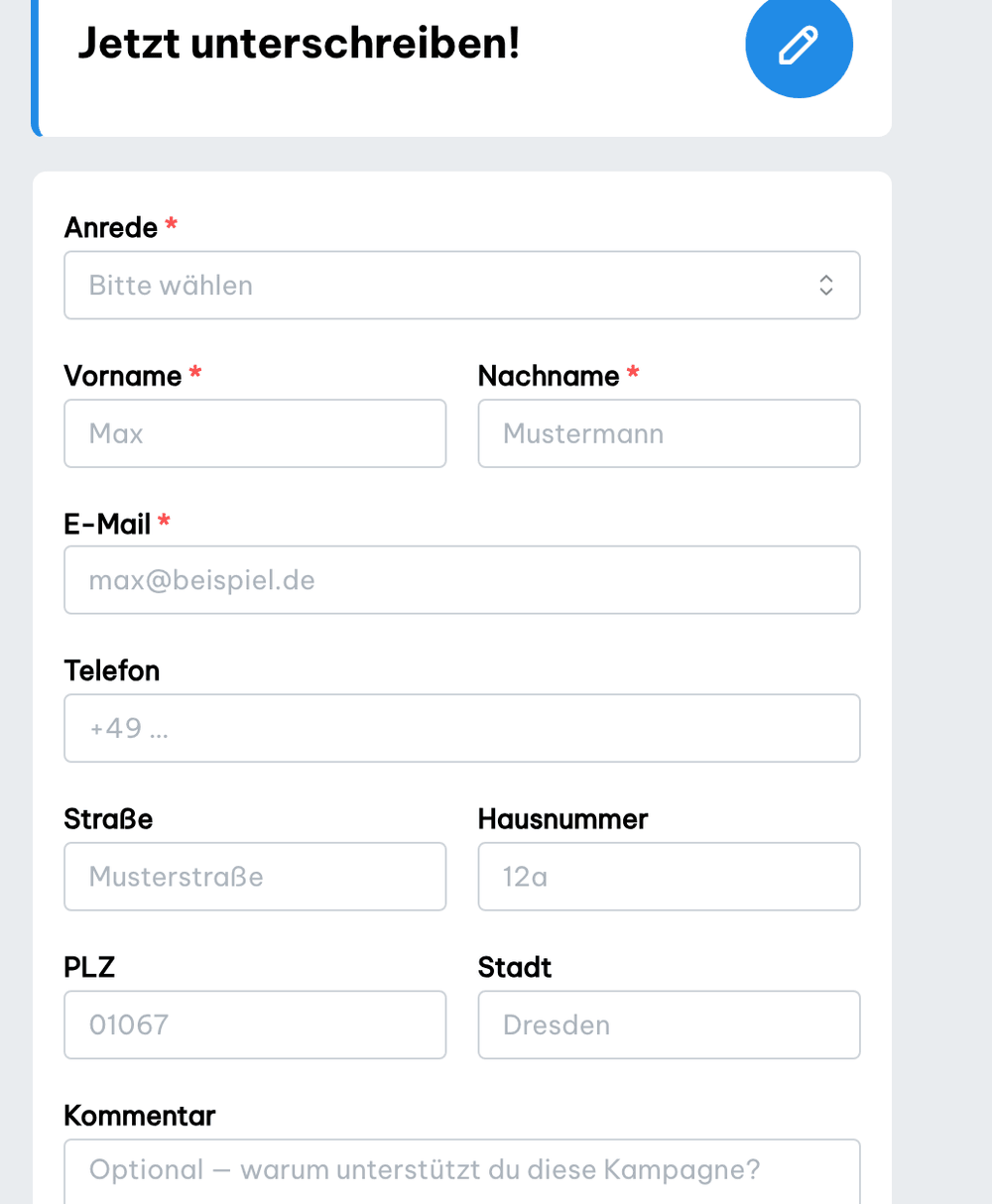 Unterschriften-Formular einer Petitionskampagne