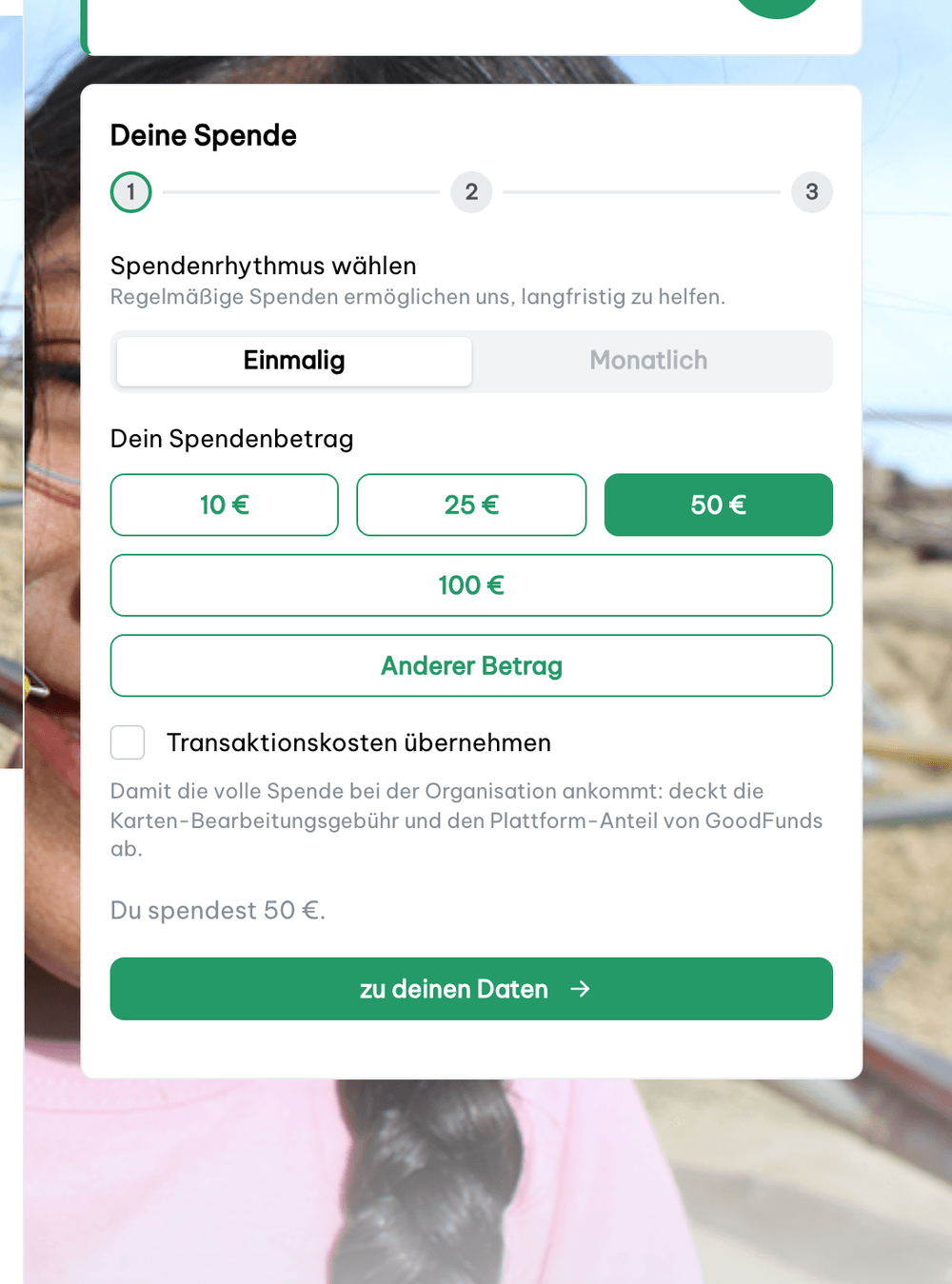 Spendenformular einer Kampagne mit Rhythmus- und Betragsauswahl
