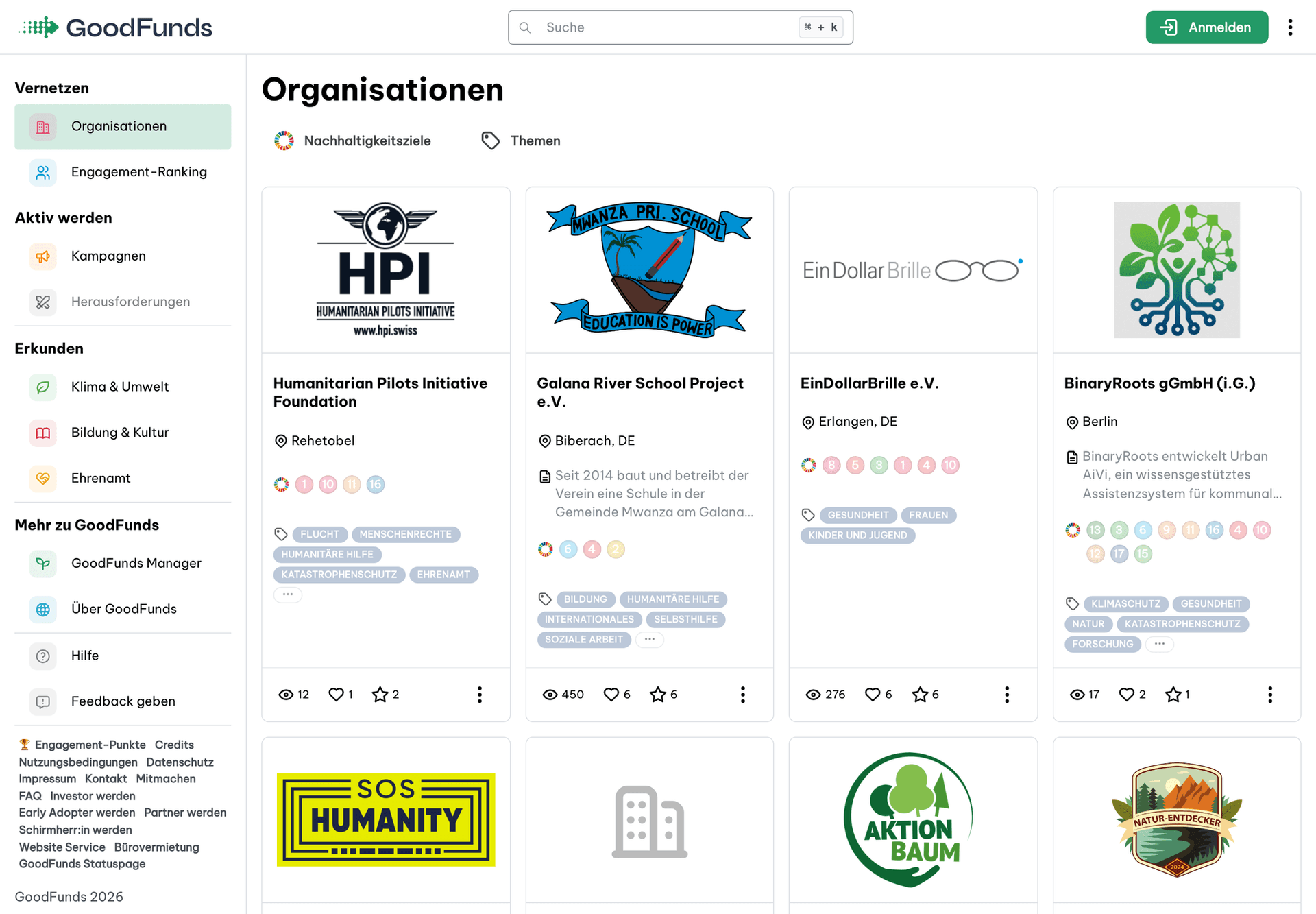 Organisationsverzeichnis der Plattform mit Filtern nach Nachhaltigkeitszielen und Themen