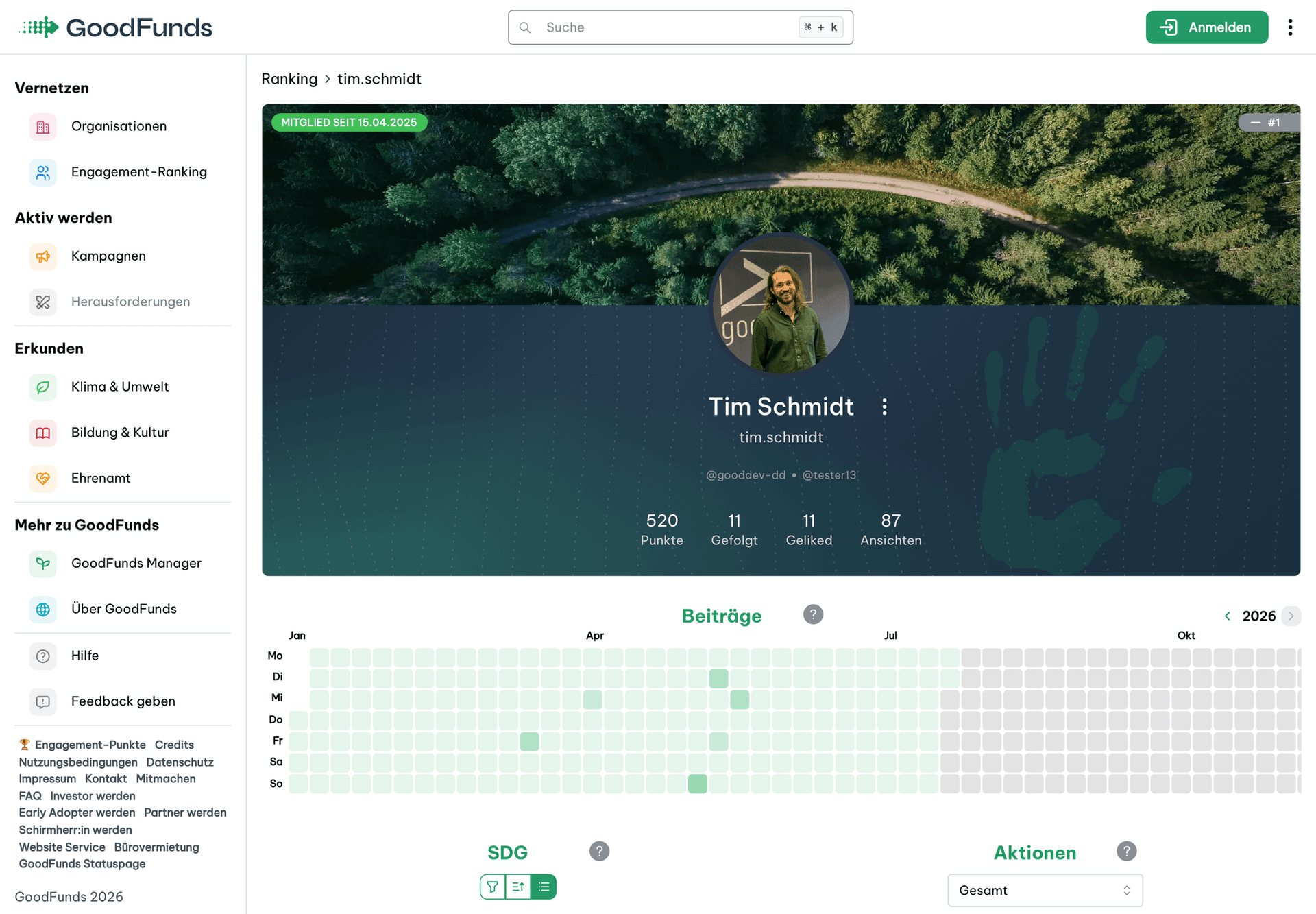 GoodFunds-Profil mit Engagement-Punkten, Follows und Likes