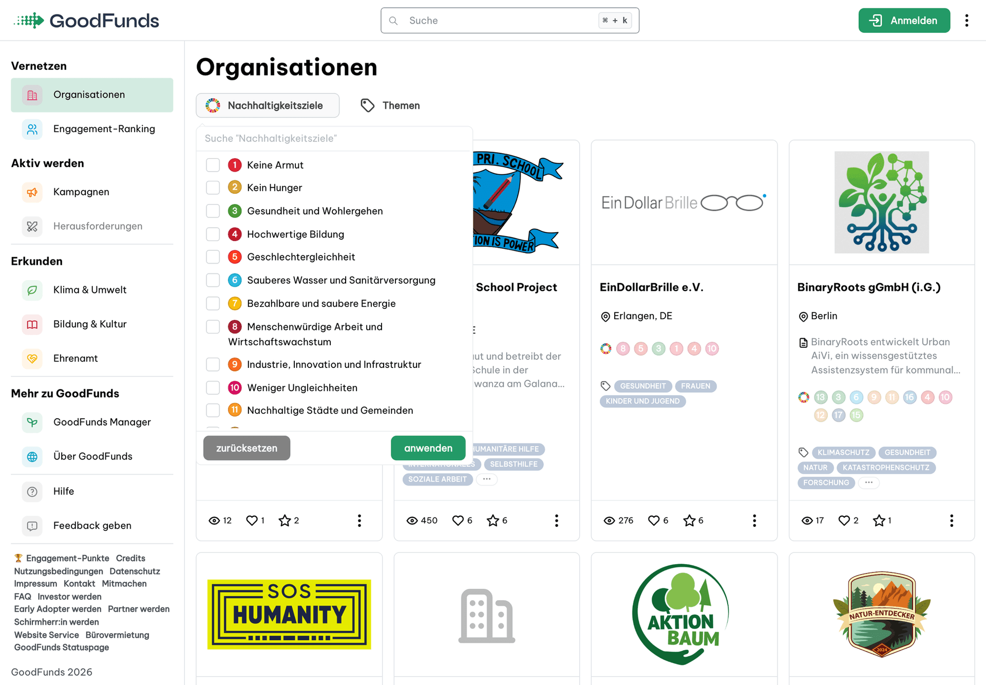 Organisationsverzeichnis der Plattform mit geöffnetem Filter