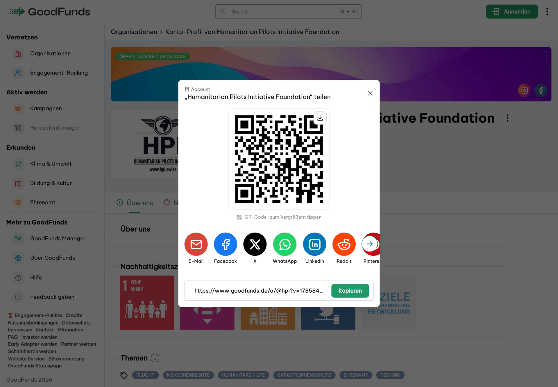 Teilen-Dialog mit Kanälen, Link-Kopieren und QR-Code