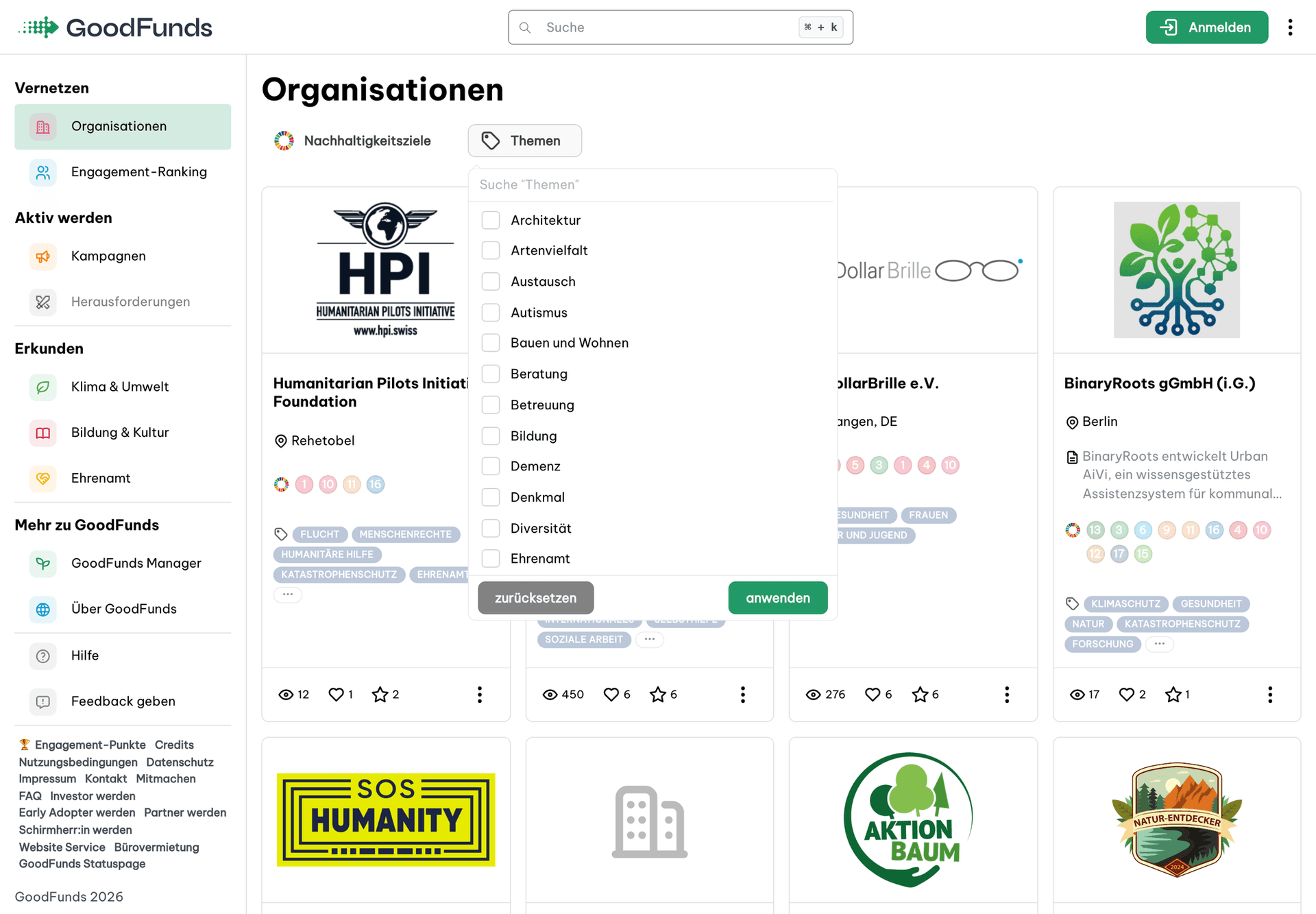 Organisationsverzeichnis der Plattform mit geöffnetem Themen-Filter