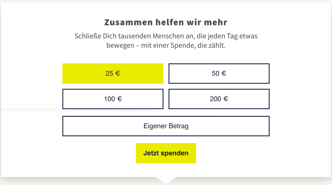 Spenden-Baustein mit Betragsvorschlägen auf der Dankeseite