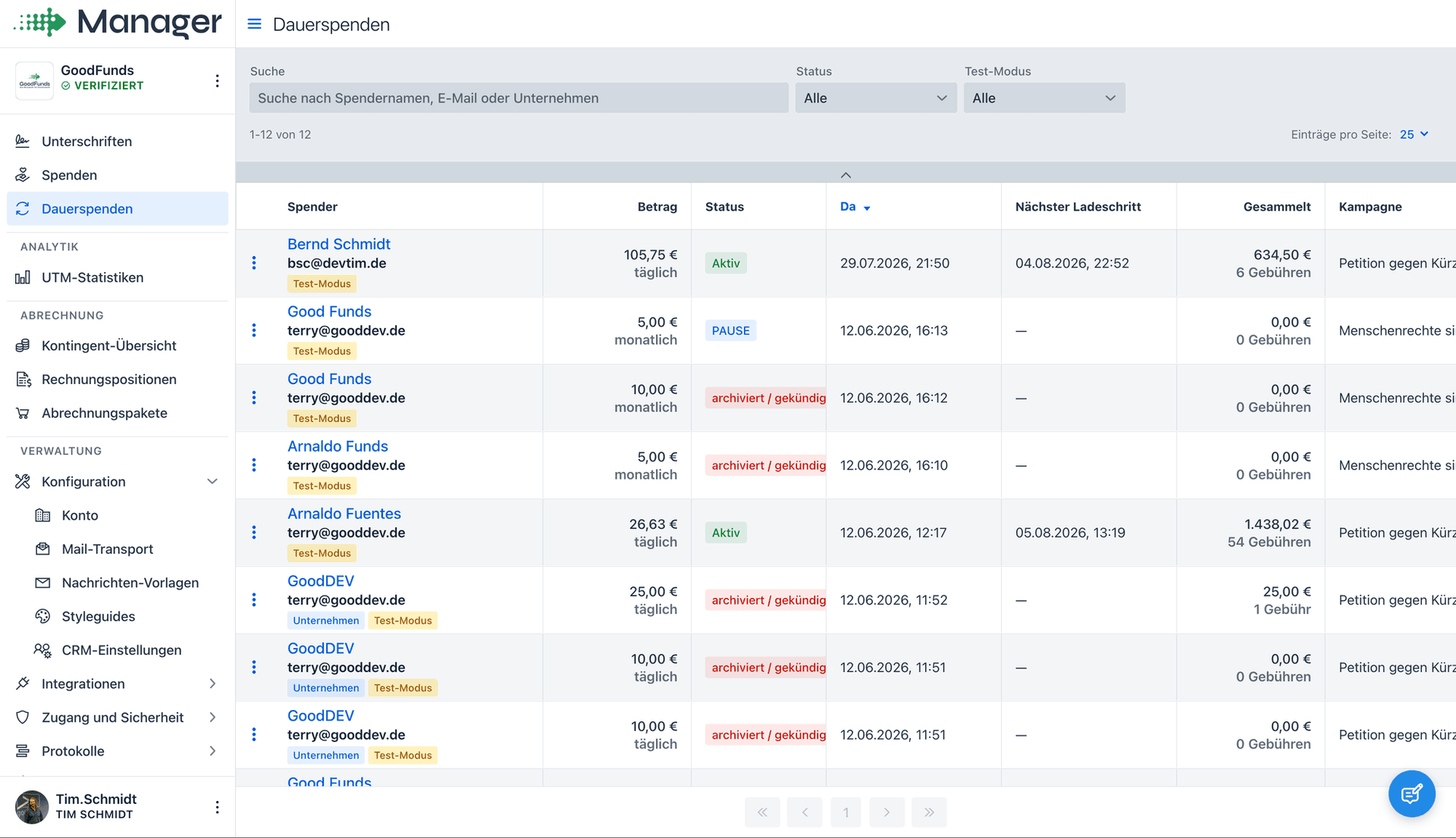 Dauerspenden-Verwaltung im Manager mit Status Aktiv, Pause und gekündigt sowie gesammelter Summe
