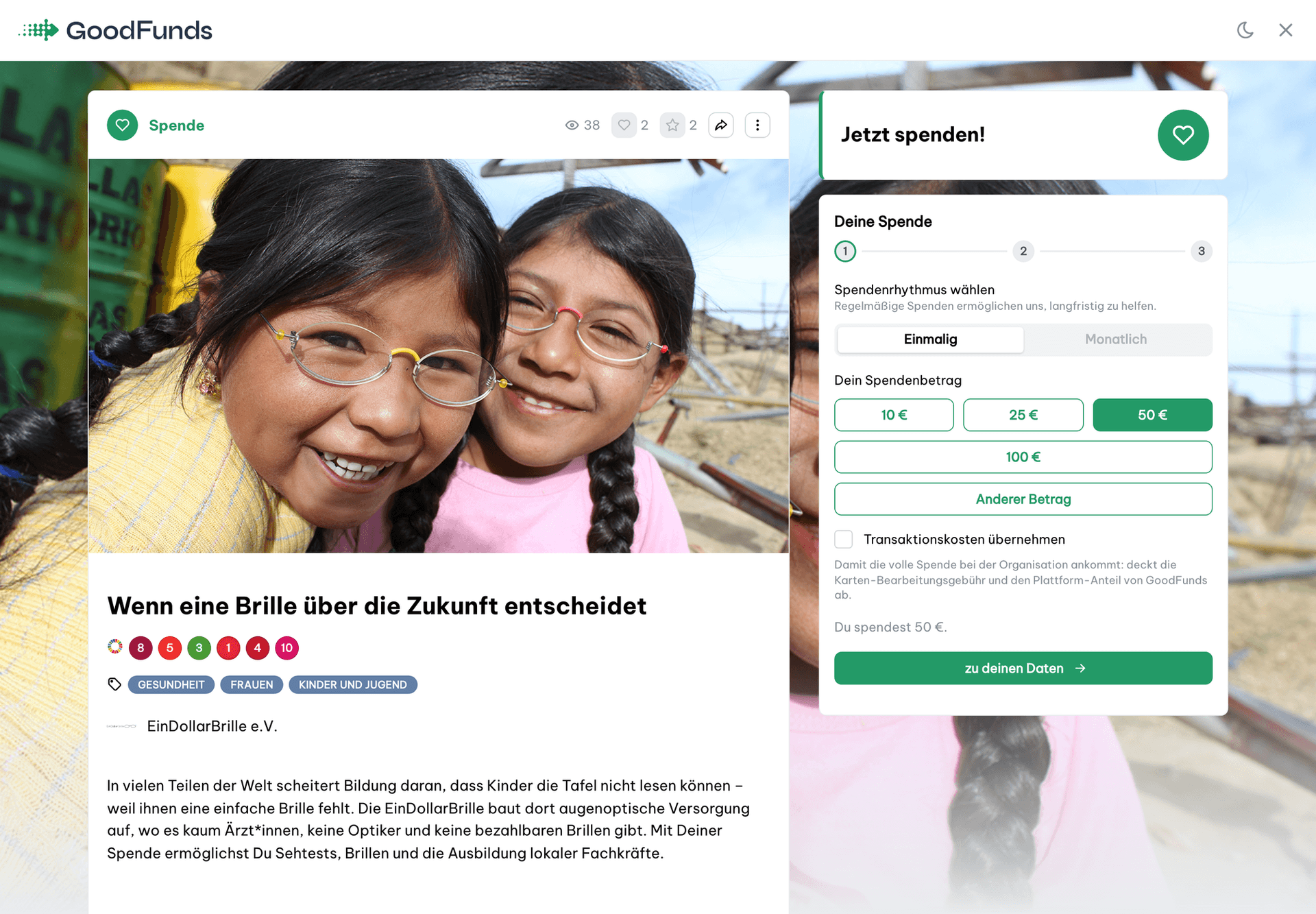 Spendenkampagne der EinDollarBrille mit 3-Schritt-Spendenformular