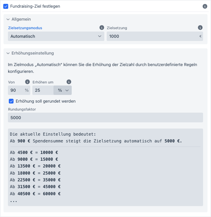 Einstellung „Fundraising-Ziel festlegen“ im Manager mit Zielsetzungsmodus und Zielbetrag