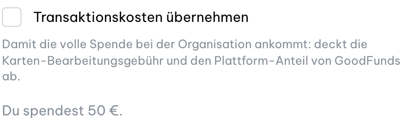 Checkbox zur Übernahme der Transaktionskosten mit Live-Hinweis