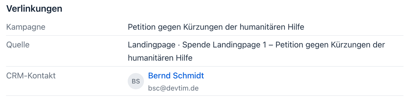 Spenden-Detail mit Verlinkung zu Kampagne, Quelle und CRM-Kontakt