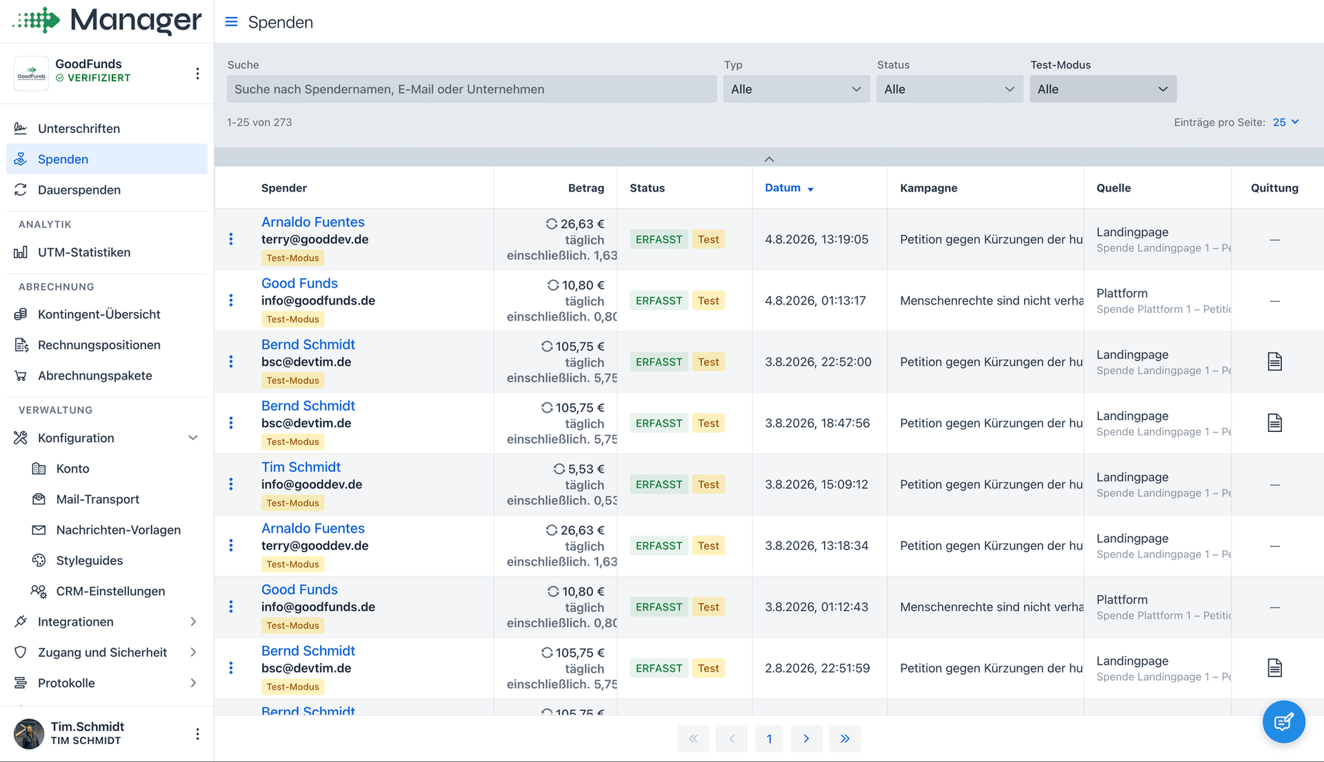 Spendenliste im Manager mit Betrag, Status, Kampagne, Quelle und Quittungswunsch
