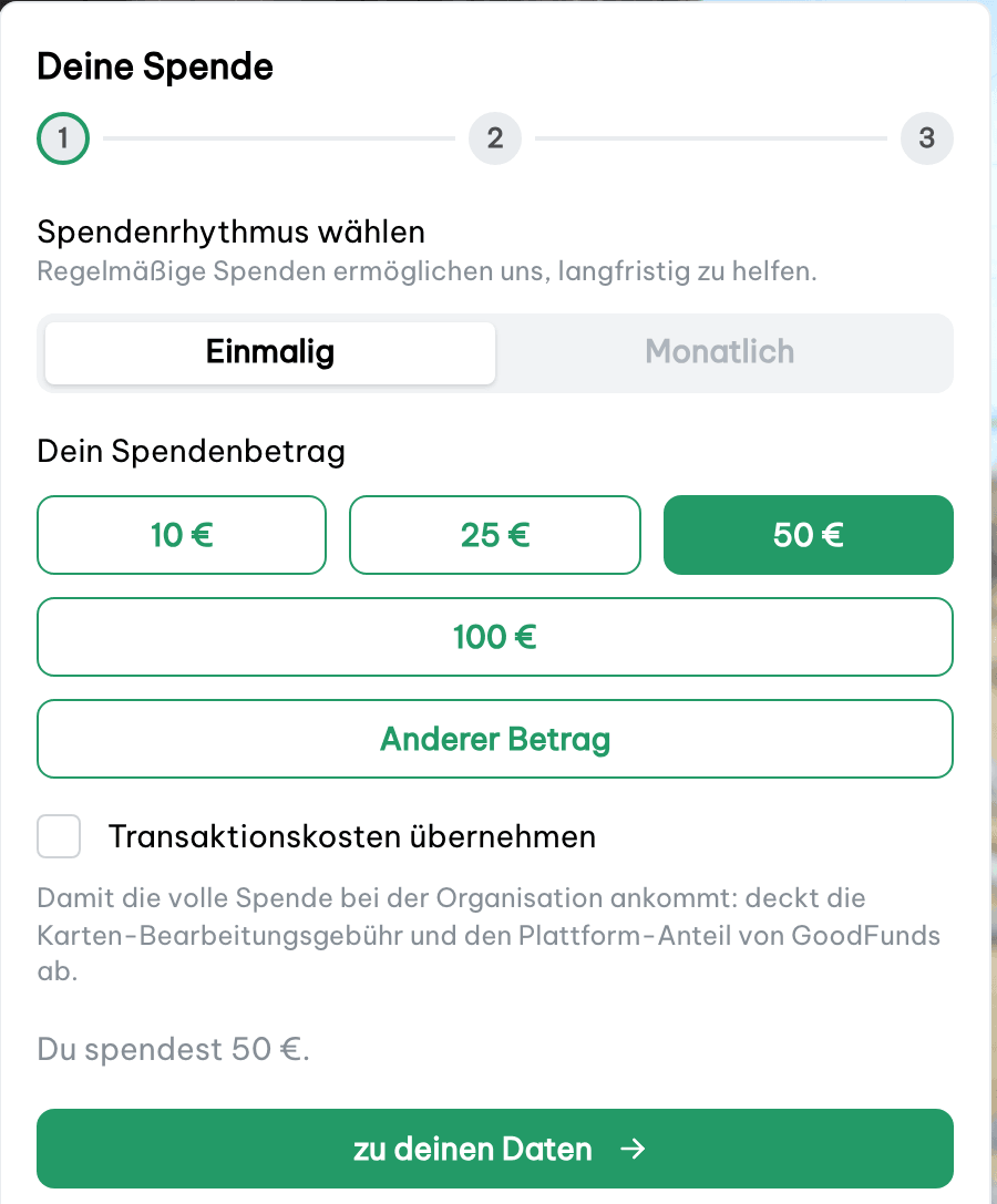 Spendenformular Schritt 1 mit Rhythmus und Betragsauswahl