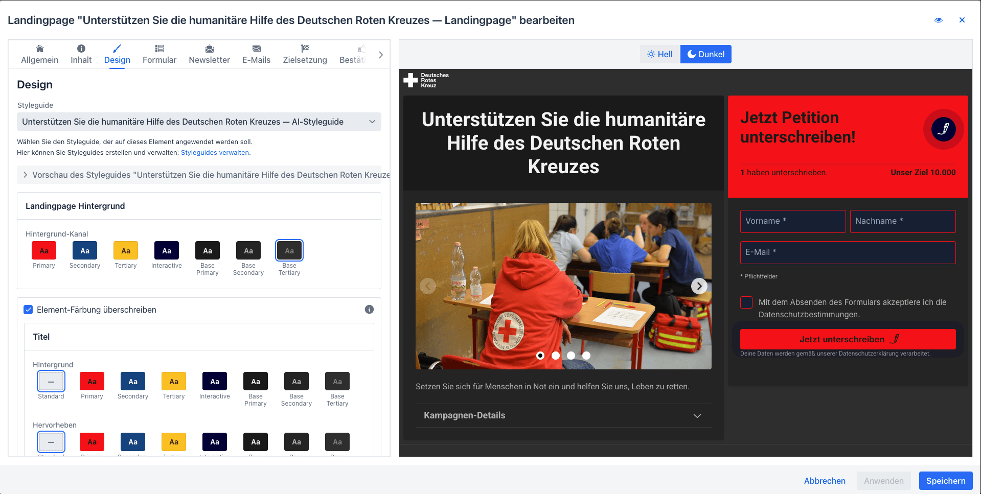Dieselbe Kampagne im Dunkelmodus, umgeschaltet über Hell/Dunkel in der Editor-Vorschau