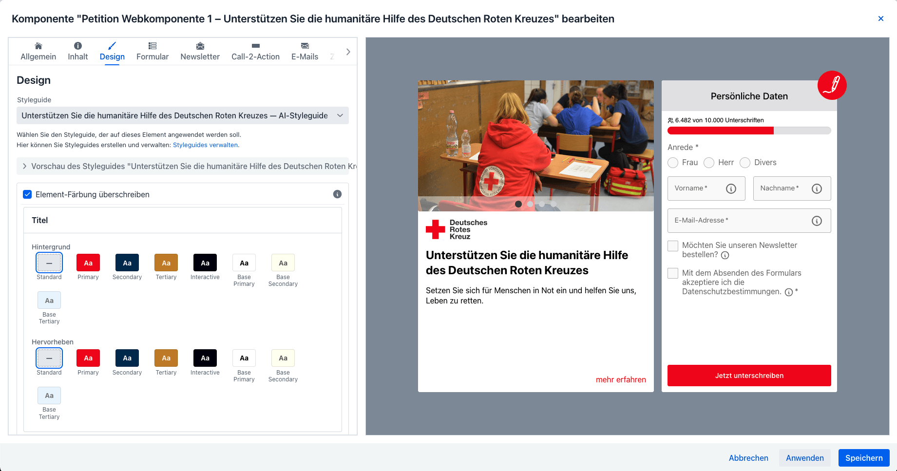 Vorschau einer Webkomponente im Hellmodus, im Branding der Organisation