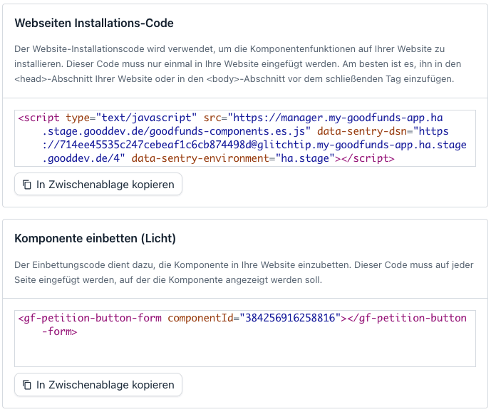 Website-Installationscode im GoodFunds Manager